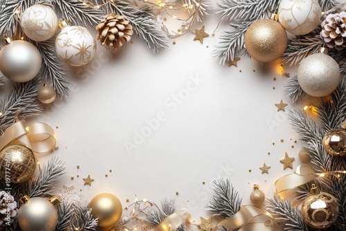 Elegant Christmas ornaments on red glitter with warm golden bokeh lights, creating atmospheric seasonal background for celebration designs.