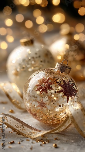 Elegant Christmas ornaments on red glitter with warm golden bokeh lights, creating atmospheric seasonal background for celebration designs.