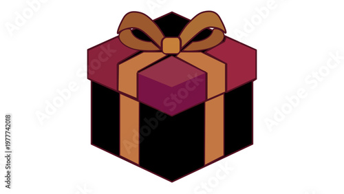 Elegant vector icon illustration of a luxury gift box featuring a black base, a deep red lid, and a shiny gold ribbon bow. Isometric 3D packaging design for holidays, birthdays, and special events.