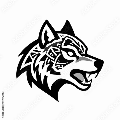 Black and White Flat Vector Illustration of a Single Fenrir Wolf Head with Norse Knotwork, Mythological Viking Style Symbol Isolated on White Background for Tattoo or Graphic Design Concept