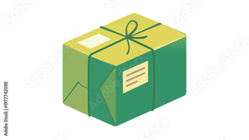 Eco-friendly green parcel box vector icon illustration for shipping and delivery services. Minimalist flat design of a tied package with labels, perfect for logistics and e-commerce branding.