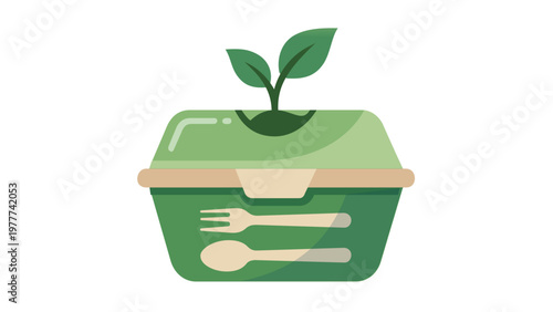 Eco-friendly sustainable food packaging vector icon illustration featuring a green biodegradable lunch box with a growing sprout and cutlery icons for organic delivery and zero waste design.