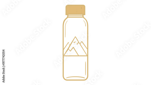 Minimalist eco-friendly reusable water bottle vector icon illustration featuring a mountain landscape label design, flat line art for sustainable packaging and hydration concepts, AI-generated.