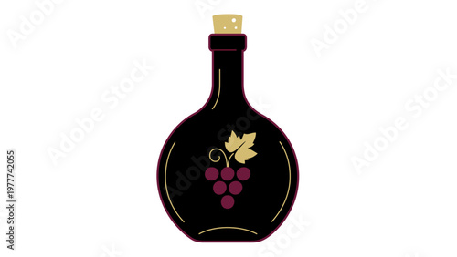 Minimalist vector illustration of a dark wine bottle with a cork and grape cluster label, perfect for winery branding, beverage packaging design, and restaurant menu icons in a flat, scalable style.