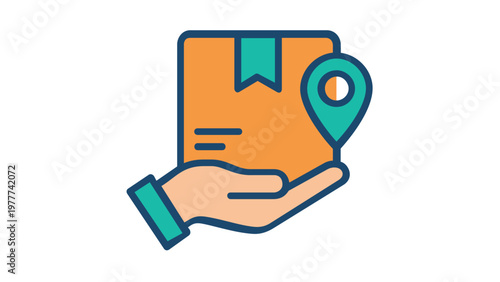 Colorful flat vector icon illustration of a hand holding a cardboard shipping box with a location pin, symbolizing package tracking, delivery logistics, e-commerce fulfillment, and shipping.