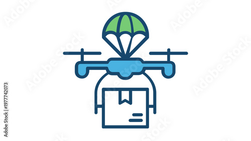 AI-generated vector icon illustration of a blue delivery drone transporting a package box with a green parachute, symbolizing fast shipping, modern logistics, and automated courier services.