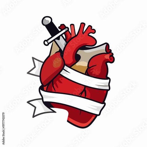 Flat vector illustration of a red heart pierced by a silver dagger with a white ribbon banner, traditional tattoo style graphic isolated on white, concept of heartbreak and strength.