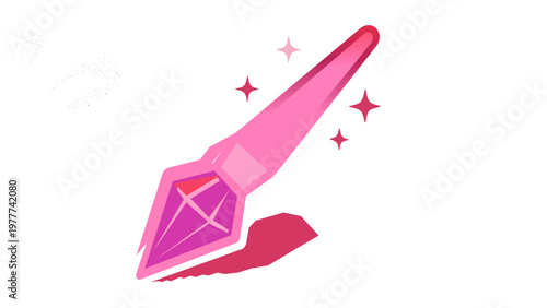 Pink crystal magic brush vector icon illustration for luxury cosmetic packaging design, featuring a stylized gemstone tip with sparkling stars and magical dust trail on white background.
