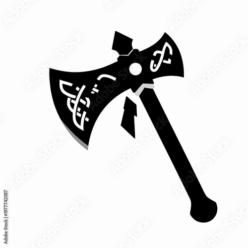 Minimalist black and white flat vector illustration of a single Viking battle axe with Nordic knotwork engravings, ancient warrior weapon icon isolated on white background for historical concept
