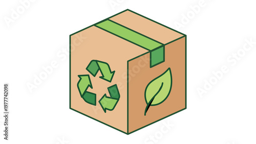Sustainable cardboard shipping box vector icon illustration with green recycle logo and leaf emblem. Minimalist flat isometric design for eco-friendly packaging and delivery services.