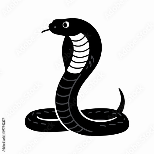 Photos Minimalist black mamba snake vector illustration, single stylized serpent in a graceful slithering pose with clean white belly scale details, isolated on white background for nature concept