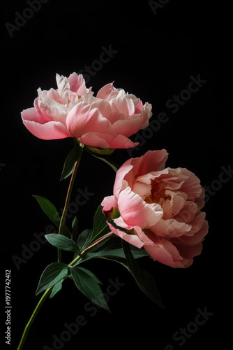 Pink peony blossoms before black background
