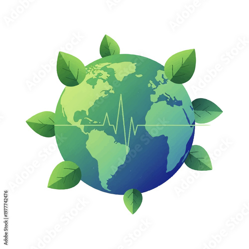 Earth Globe Surrounded by Green Leaves Environmental Icon.