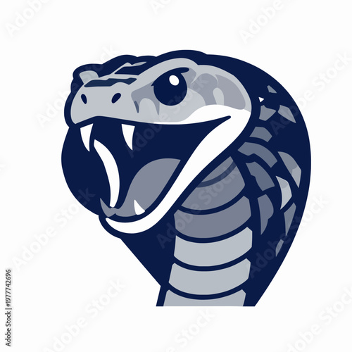 Aggressive Rattlesnake Head Flat Vector Illustration, Striking Snake with Open Mouth and Fangs, Dangerous Reptile Icon in Navy Blue and Grey Tones, Minimalist Wildlife Graphic Design Concept