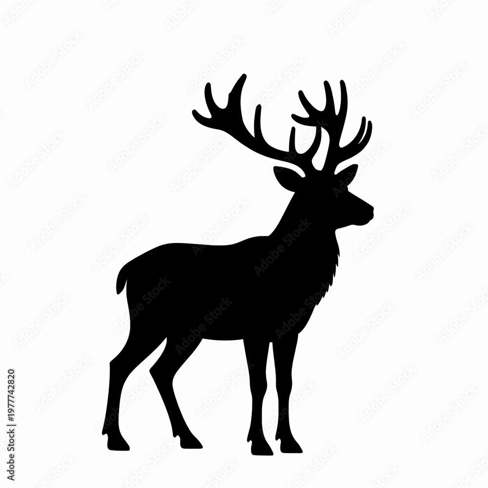 Fototapeta premium Majestic male deer stag with large antlers standing in profile view, wild animal silhouette in flat vector style isolated on white background, nature and wildlife concept