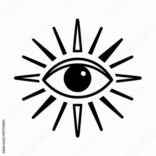 Mystical Celestial Eye in Sunburst, Minimalist Flat Vector Line Art Icon for Esoteric Branding and Spiritual Concept, Isolated Graphic of a Single Occult Symbol on White Background