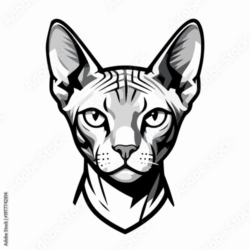 Symmetrical flat vector illustration of a hairless Sphinx cat head, minimalist black and white pet portrait, feline animal icon for tattoo design or branding, isolated on white background.