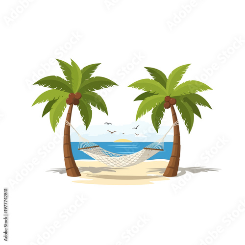 Escape to paradise idyllic tropical beach scene with swaying palm trees, a relaxing hammock, and a beautiful ocean view, perfect for a peaceful travel getaway