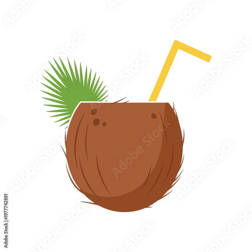 A refreshing tropical coconut drink with a green leaf and yellow straw, perfect for summer