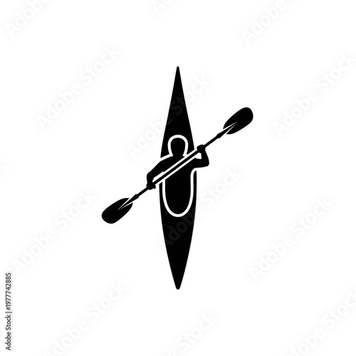Bold vector icon of a solo kayaker in action, actively paddling a sleek boat with a double-bladed oar, symbolizing water sports, outdoor adventure, and recreation