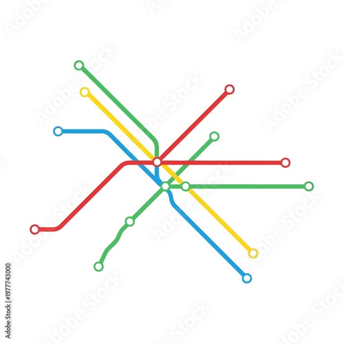 Minimalist diagram of a public transport network, featuring multicolored lines and stations, symbolizing urban connectivity and travel efficiency