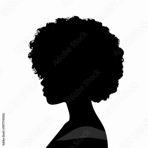 Minimalist Flat Vector Illustration of a Black Woman with a Large Textured Afro Hairstyle, Isolated Silhouette of an African American Female Representing Natural Hair Beauty and Confidence