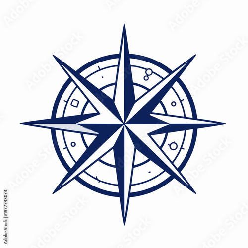 Mystical Navy Blue Compass Rose Vector Illustration, Minimalist Celestial Navigation Icon for Travel and Adventure Branding, Isolated Flat Art on White Background, Nautical Design Concept.