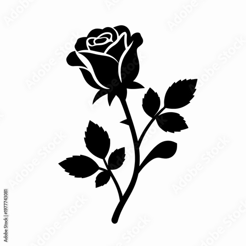 Minimalist Black Silhouette of a Single Gothic Rose Branch with Sharp Thorns and Detailed Leaves, Dark Floral Vector Illustration Isolated on White Background for Tattoo Design and Emo Aesthetic.