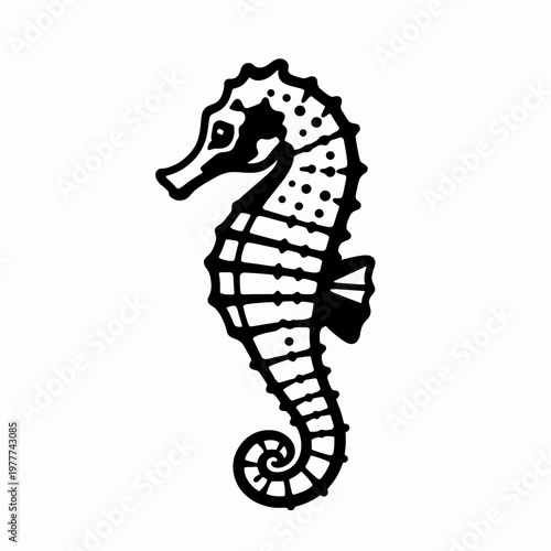 Minimalist flat vector illustration of a single seahorse in a hand-drawn black line art style, nautical marine life icon isolated on white background for summer coastal design concepts.