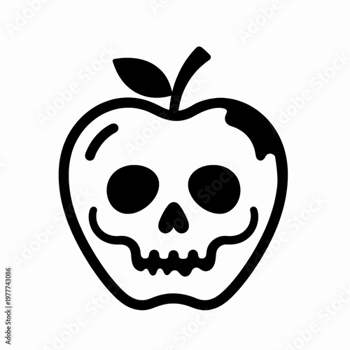 Minimalist black and white poison apple vector illustration with a melting skull face, spooky Halloween concept art for gothic design, isolated on white background, high contrast graphic.