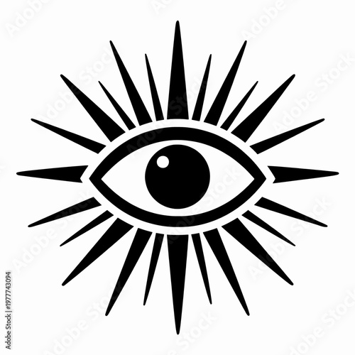 Mystical all-seeing eye vector illustration with radiating sunburst rays, occult providence symbol in minimalist black and white flat style, spiritual vision concept isolated on white background