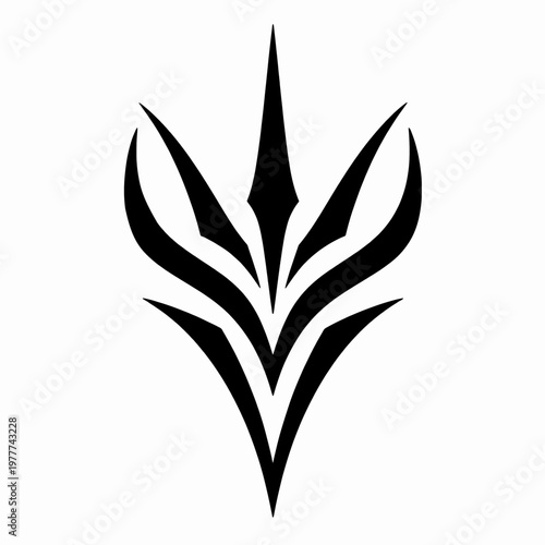 Symmetrical black tribal tattoo graphic, minimalist sharp blade vector illustration, aggressive neo-tribal aesthetic design isolated on white background for body art and edgy branding concepts.