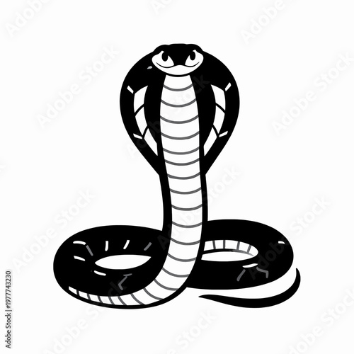 Minimalist black and white flat vector illustration of a single coiled king cobra snake with geometric scales, isolated on white background, representing power and wisdom in a modern graphic style.