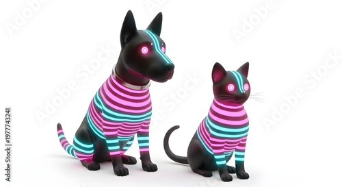 Cyberpunk futuristic dog and cat figurines, neon glowing pets with pink and blue stripes, high-tech robotic animal toys on white background