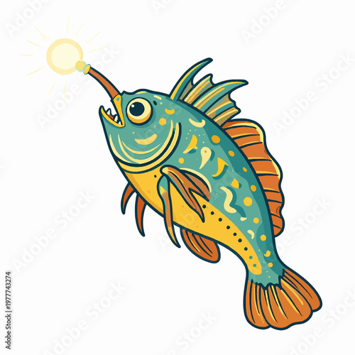 Flat Vector Illustration of a Single Mythical Anglerfish with Ornate Nautical Tattoo Style, Deep Sea Creature with Bioluminescent Lure and Sharp Teeth isolated on White Background for Marine Concept