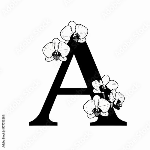 Minimalist Black and White Flat Vector Illustration of a Single Capital Letter A Decorated with Elegant Orchid Flowers, Floral Alphabet Concept Isolated on White Background