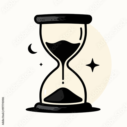 Mystical black ink hourglass illustration in flat vector style, esoteric time concept with celestial stars and moon, minimalist occult art isolated on white background for spiritual design