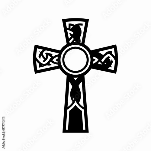 Minimalist black flat vector illustration of a single ornate Celtic high cross with traditional knotwork patterns, isolated on white background for religious or heritage design concepts.