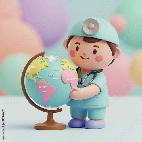 Toy Doctor Figurine Examining World Globe Scene.