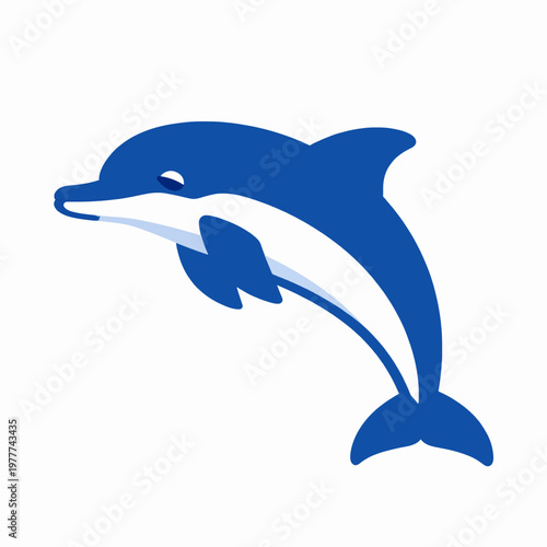 Minimalist flat vector illustration of a single leaping dolphin in a dynamic pose, modern blue and white aquatic animal icon for marine conservation and ocean life concepts isolated on white.