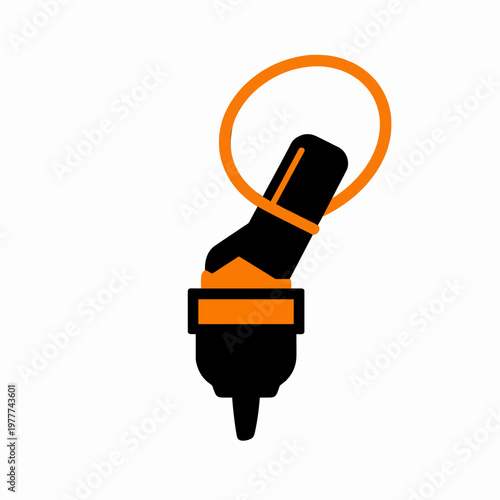 Minimalist flat vector illustration of a single professional tattoo machine pen with an orange power cable, creative concept for a tattoo studio or body art professional, isolated on white.