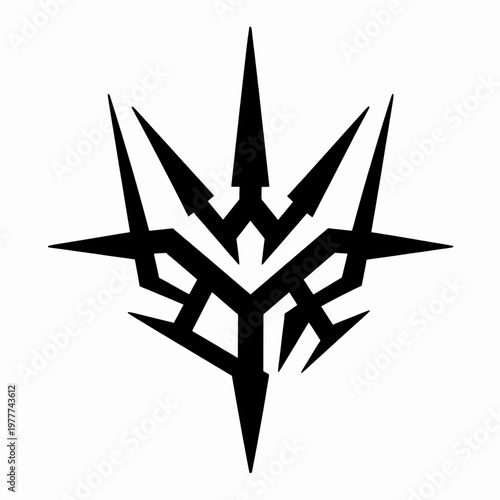 Single black cybersigilism tribal mark isolated on white, minimalist neo-tribal vector illustration, sharp symmetrical thorn aesthetic for futuristic y2k digital graphic design and tattoo art