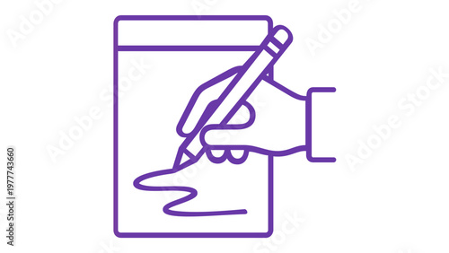 Vibrant gradient vector icon illustration of a hand holding a pencil and drawing on a digital tablet or paper, representing creativity, artistic process, sketching, and design concepts.