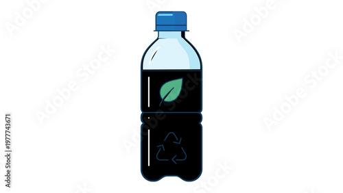 Eco-friendly plastic water bottle vector icon featuring a green leaf and recycling symbol. Minimalist flat illustration representing sustainable packaging and environmental conservation.