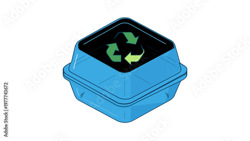 Isometric vector illustration of a blue recyclable plastic food container with a green recycle logo, highlighting eco-friendly packaging and waste reduction for environmental sustainability.