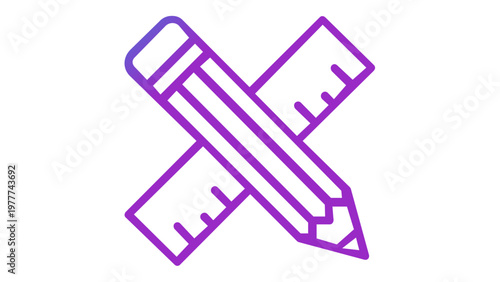 Minimalist vector icon illustration featuring a crossed pencil and ruler with a vibrant blue to purple gradient. Professional design tool symbol for education, architecture, and art projects.