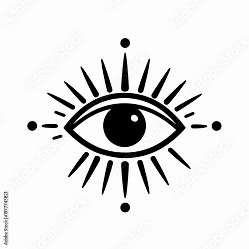 Minimalist flat vector illustration of a single mystical third eye with radiating lines and decorative dots, spiritual occult symbol for meditation and providence, isolated on white background