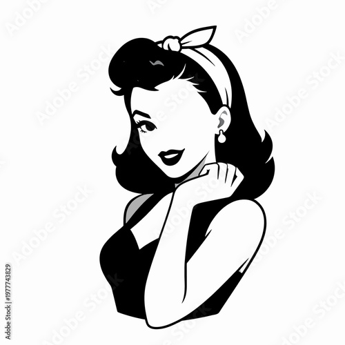 A beautiful young White woman in a vintage rockabilly outfit with a bandana posing in a classic pin-up style, smiling and expressive, retro 1950s aesthetic, isolated on a white background.