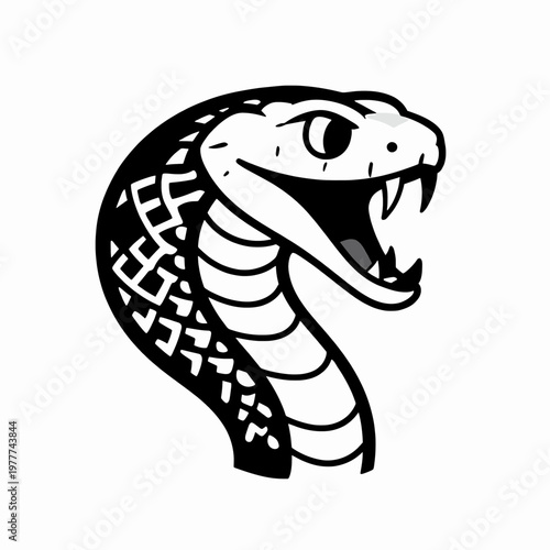 Flat vector illustration of a single rattlesnake head with open jaws and sharp fangs, minimalist woodcut style inspired by traditional tattoo art, monochrome black and white high contrast design