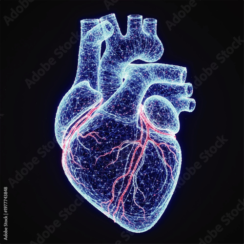 Digital Neon Heart Diagram Emphasizing Anatomy.